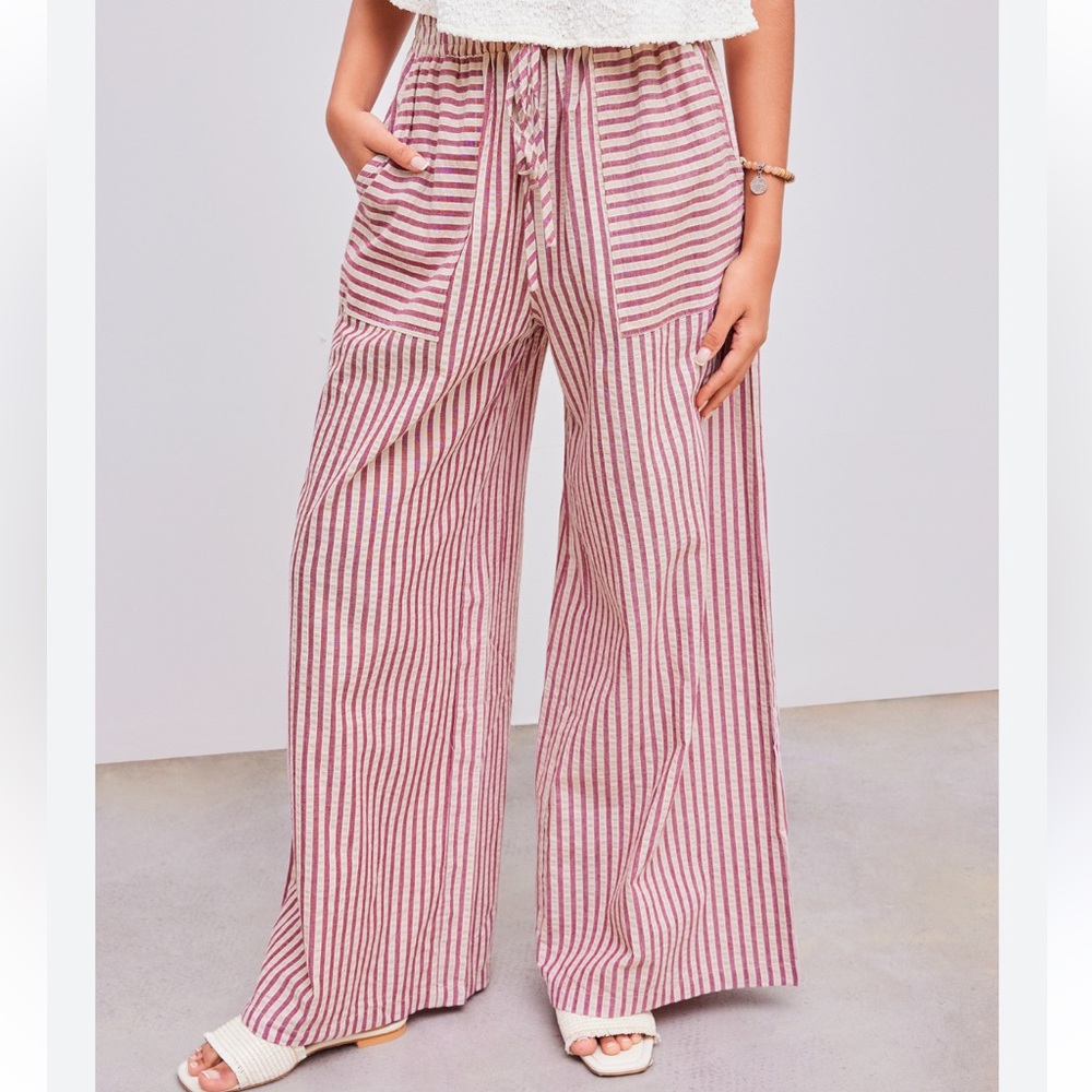 CIDER WOVEN MID RISE STRIPE KNOTTED POCKET TROUSERS